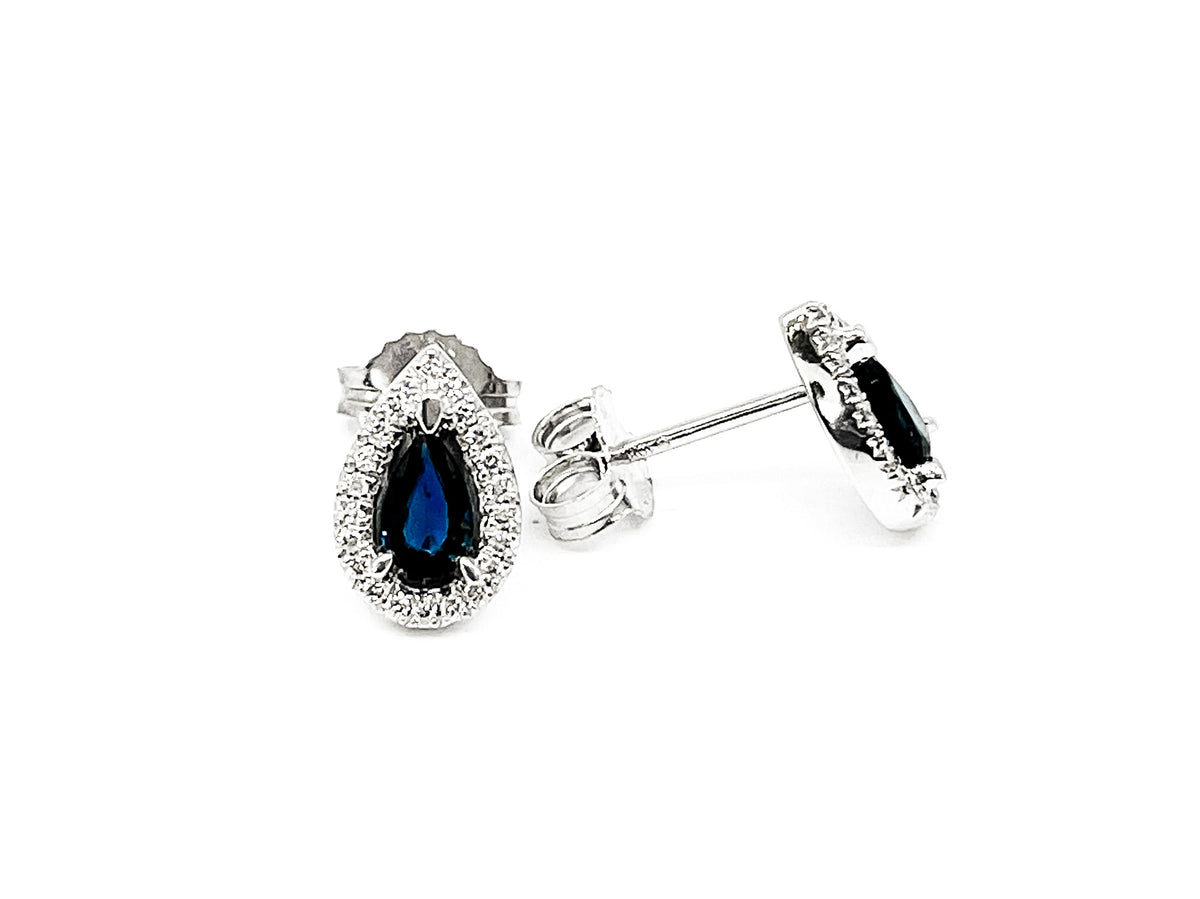 10K White Gold 0.60cttw Genuine Sapphire &amp; 0.11cttw Diamond Pear Shaped Halo Earrings