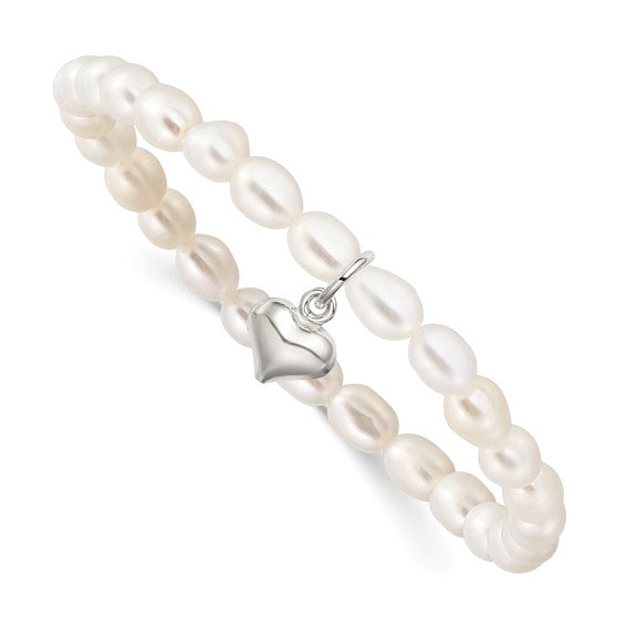 Pulsera elástica de 40 mm con forma de corazón inflado de plata de ley y perlas cultivadas de agua dulce de 4-5 mm con forma de arroz blanco 