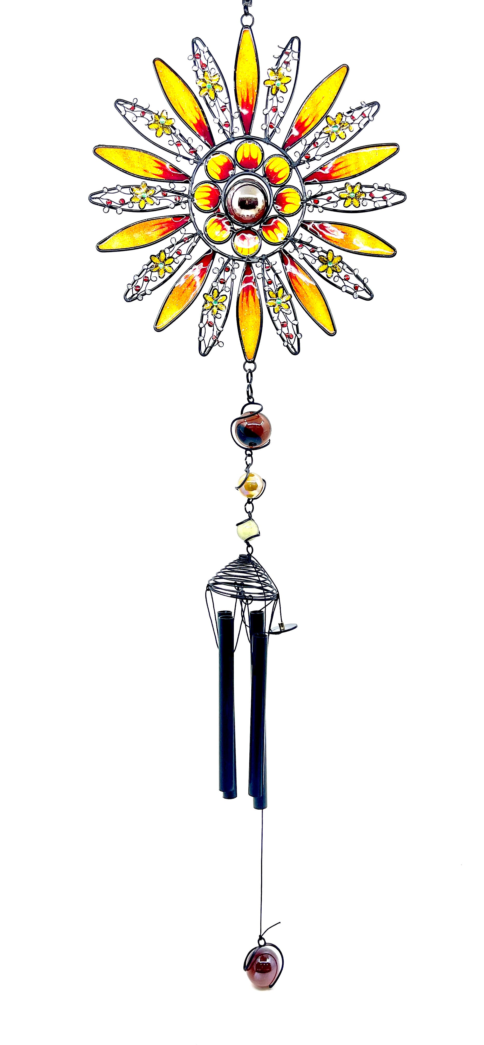 Black Metal & Glass Orange Flowers with Sunflower Windchime
