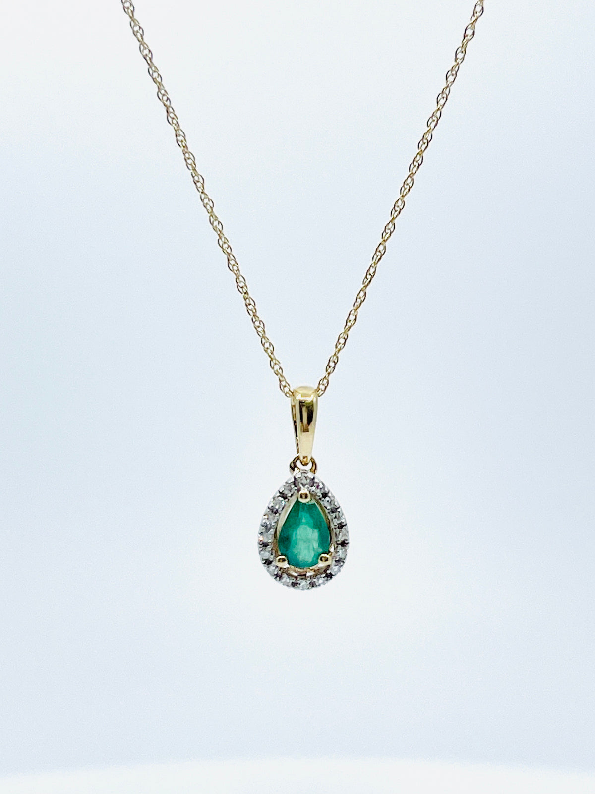 10K Yellow Gold Emerald and Diamond Pendant, 18&quot;