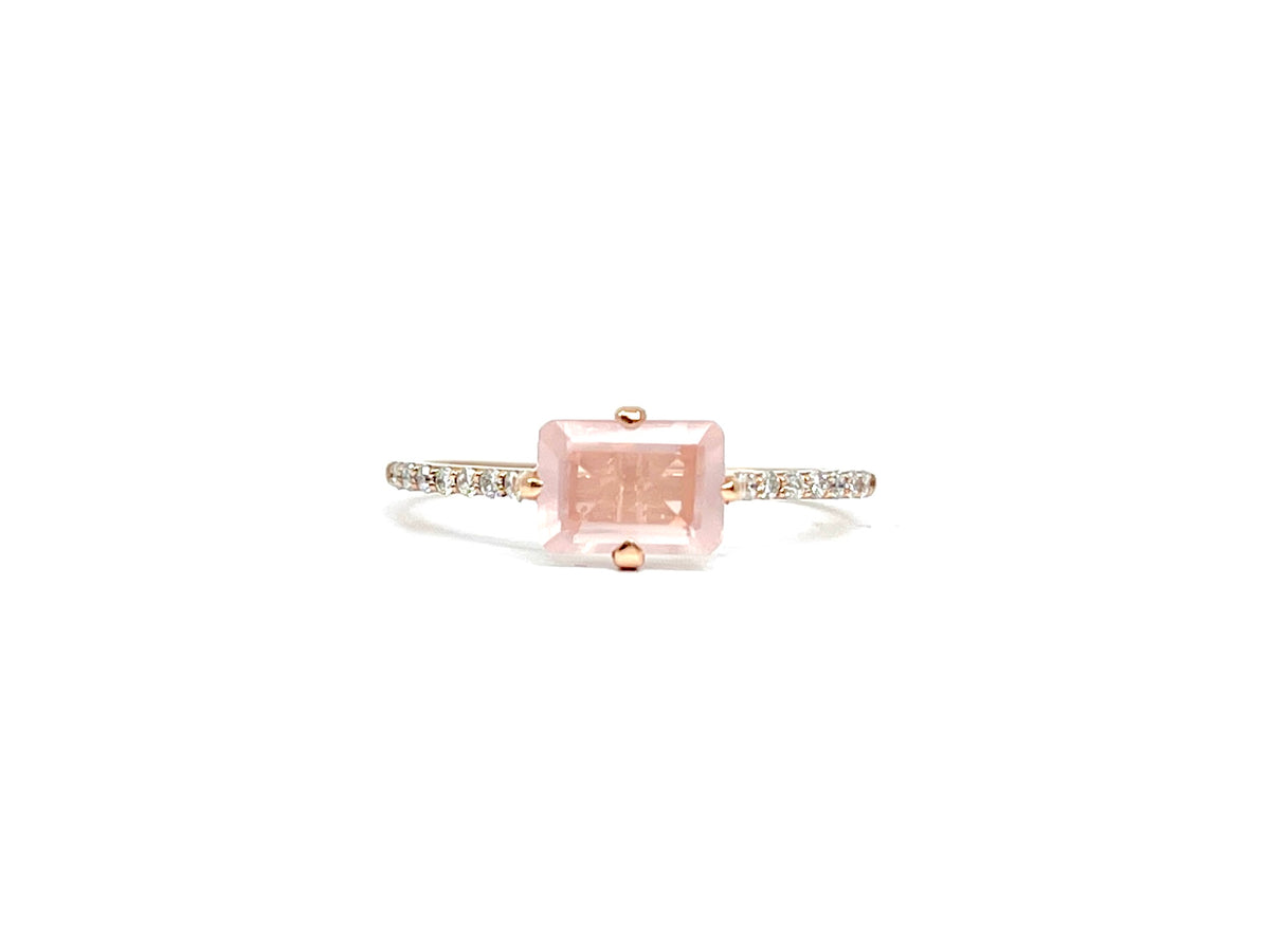 Anillo de oro rosa de 10 quilates, cuarzo rosa auténtico de 7 x 5 mm y diamante de 0,11 quilates, tamaño 6,5