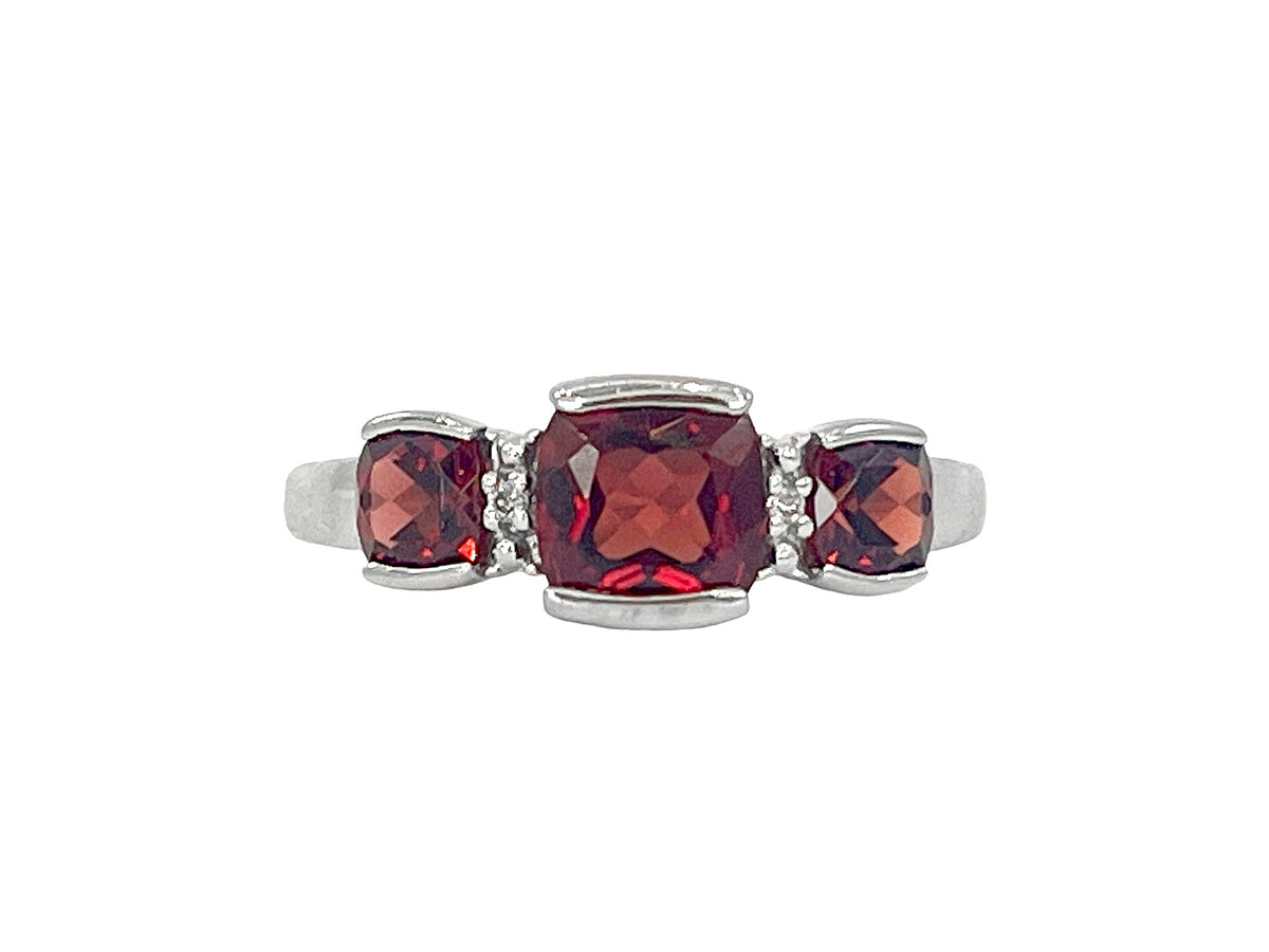 10K White Gold 6mm and 4mm Cushion Cut Garnet and 0.014cttw Diamond Ring - Size 7