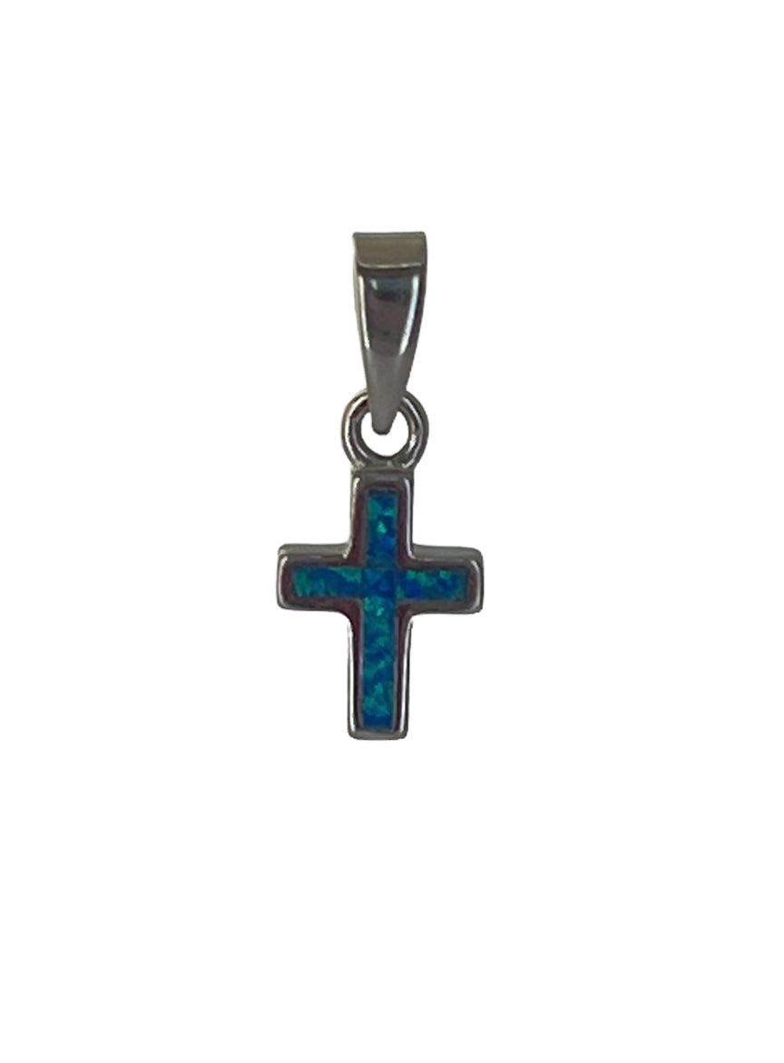 925 Sterling Silver Created Opal Cross Charm