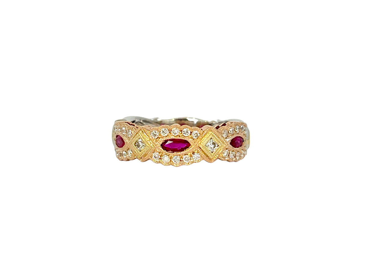 14K Tri Tone Gold 0.35cttw Ruby and 0.28cttw Diamond Ring - Size 7