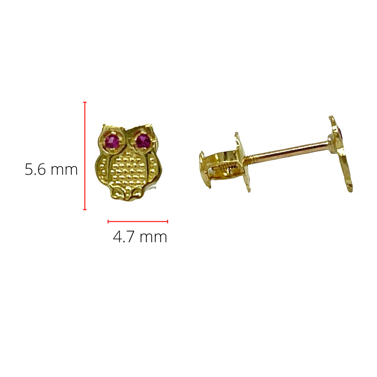 10K Yellow Gold Pink Cubic Zirconia Owl Stud Earrings with Screw Backs - 5.6 x 4.7mm