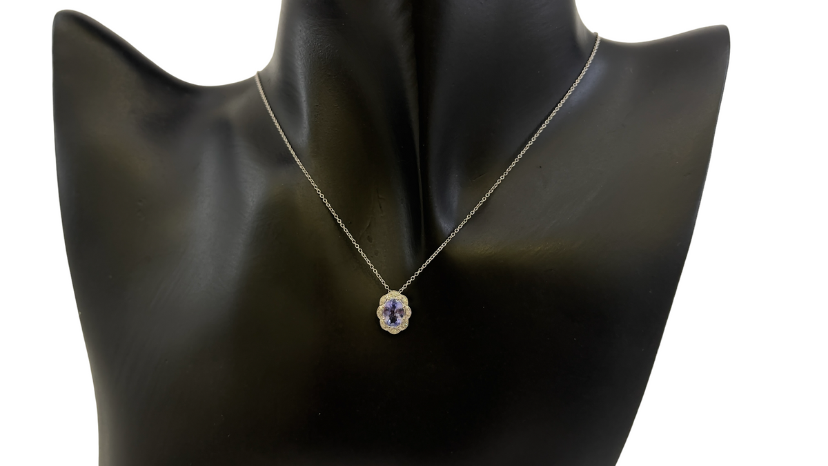 10K White Gold Tanzanite and Diamond Antique Halo Necklace, 18&quot;