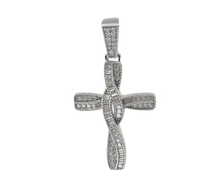 925 Sterling Silver Rhodium Plated Hip Hop Baguettes Cubic Zirconia Cross Pendant - 46mm x 25mm