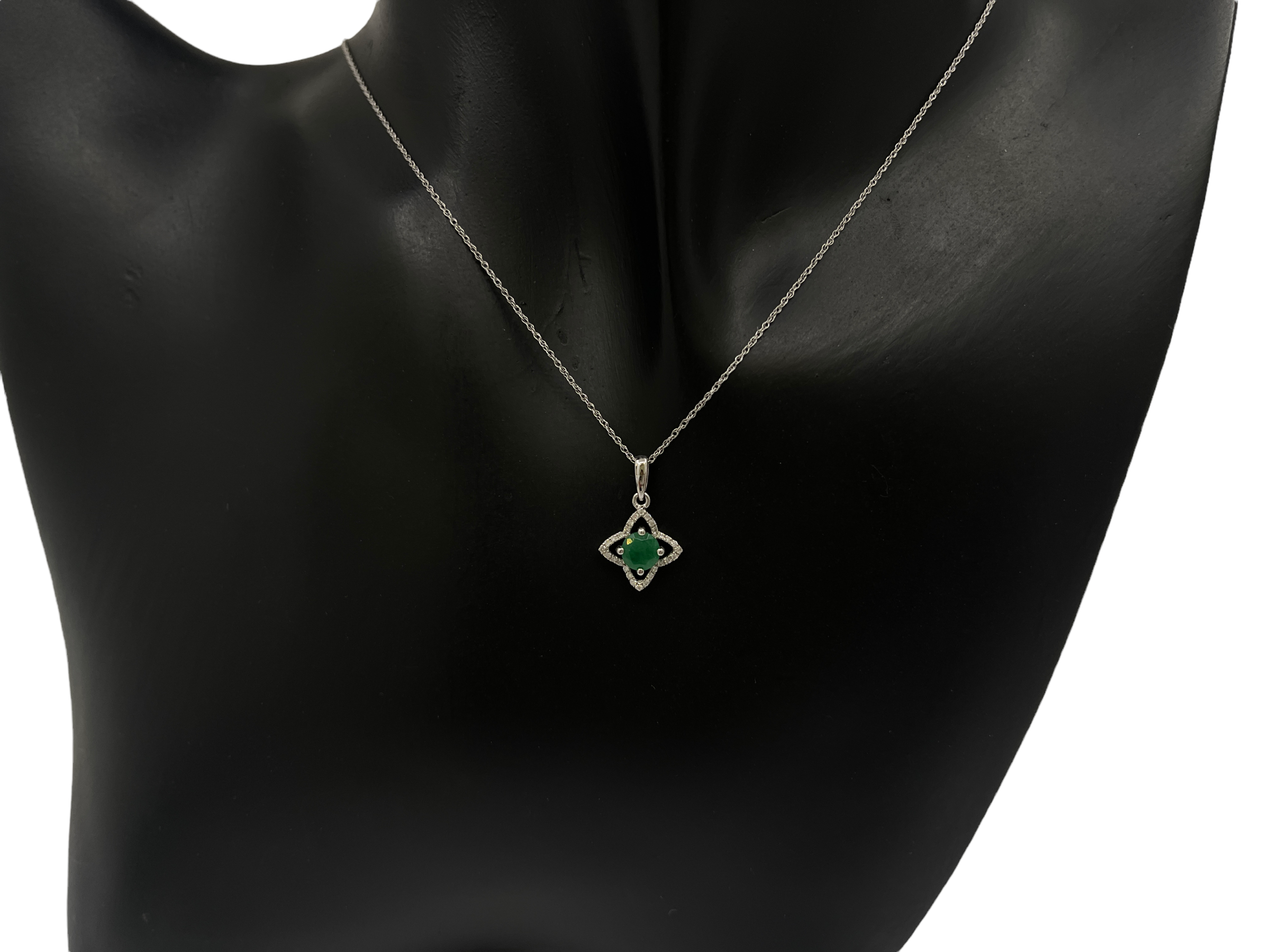 10/14K White Gold Emerald and Diamond Pendant, 18"
