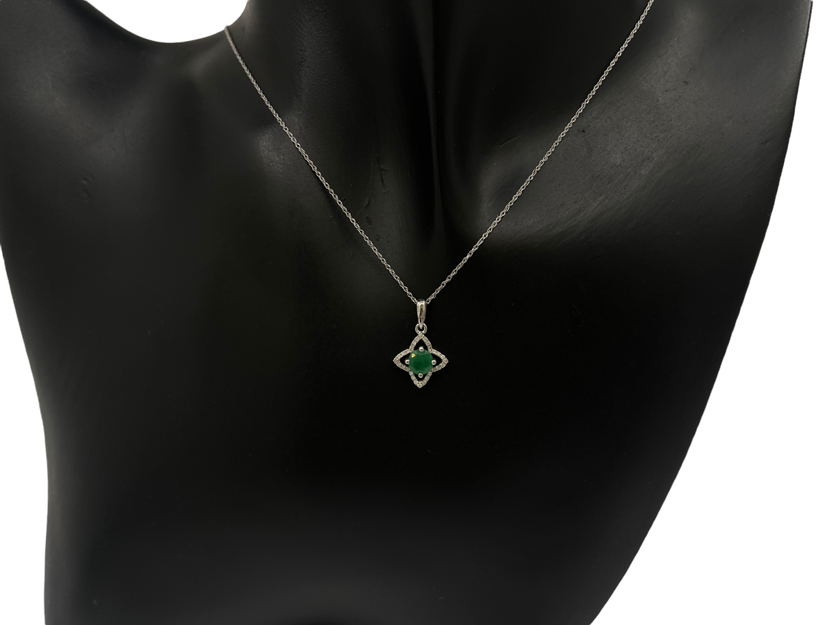 10/14K White Gold Emerald and Diamond Pendant, 18&quot;