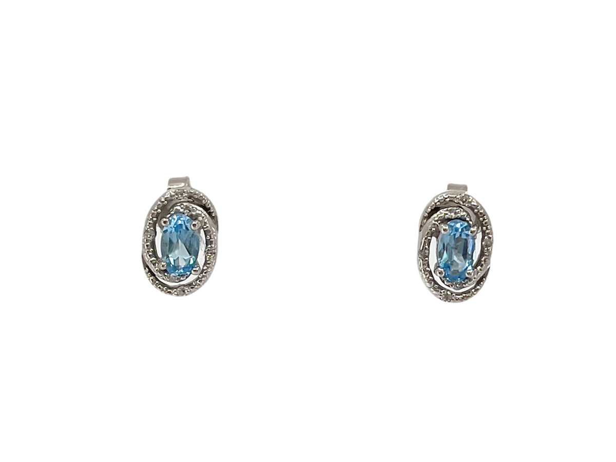 925 Sterling Silver 5 x 3mm Blue Topaz and 0.036cttw Diamond Stud Earrings with Butterfly Backs - 6mm x 9mm