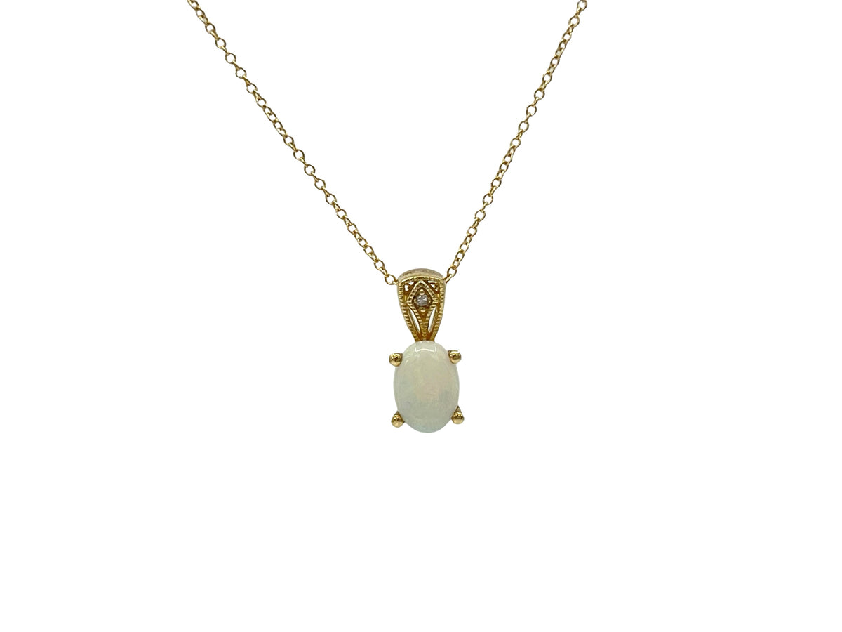 10K Yellow Gold Opal and Diamond Pendant, 18&quot;