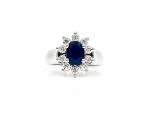 Anillo de oro blanco de 14 quilates con zafiro azul auténtico de 0,60 quilates y halo de diamantes de 0,40 quilates, talla 6