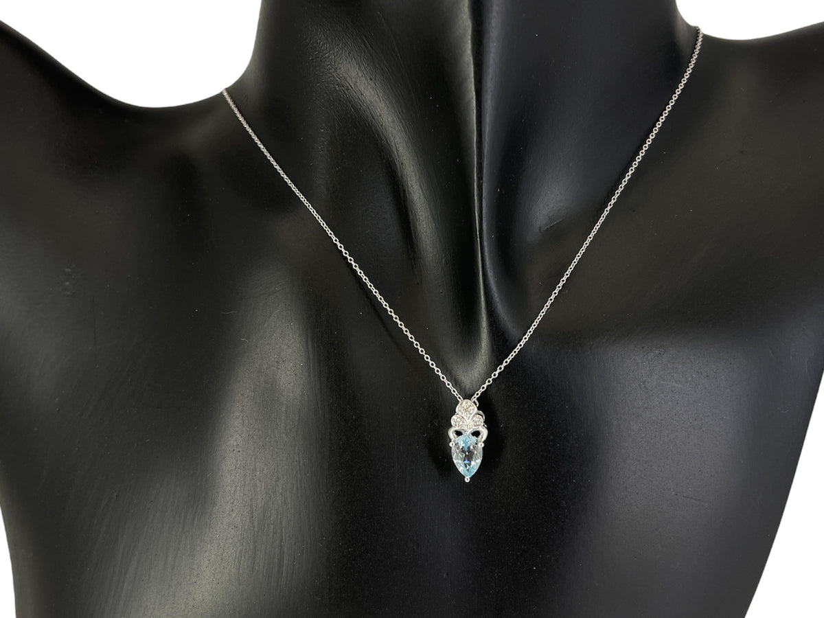 10K White Gold 7mm x 5mm Swiss Blue Topaz and 0.018cttw Diamond Necklace - 18 Inches