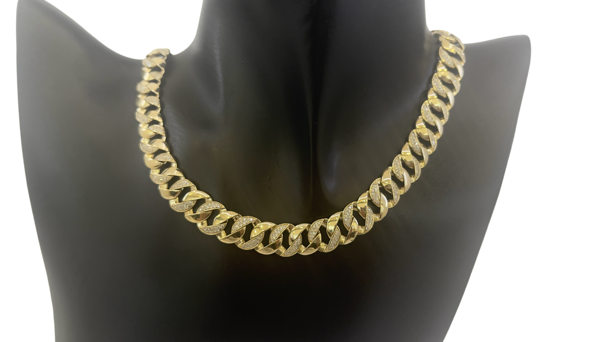 Collar/cadena con juego de pavé de eslabones cubanos de Miami con diamantes de 3,50 quilates en oro amarillo de 10 quilates, 16&quot;