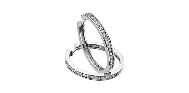 10K White Gold 0.10cttw Diamond Hoop Huggie Hinged Earrings