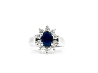 Anillo de oro blanco de 14 quilates con zafiro azul auténtico de 0,60 quilates y halo de diamantes de 0,40 quilates, talla 6