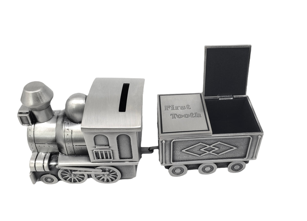 Pewter Engraveable Train Money Bank with First Curl and First Tooth Train Cars