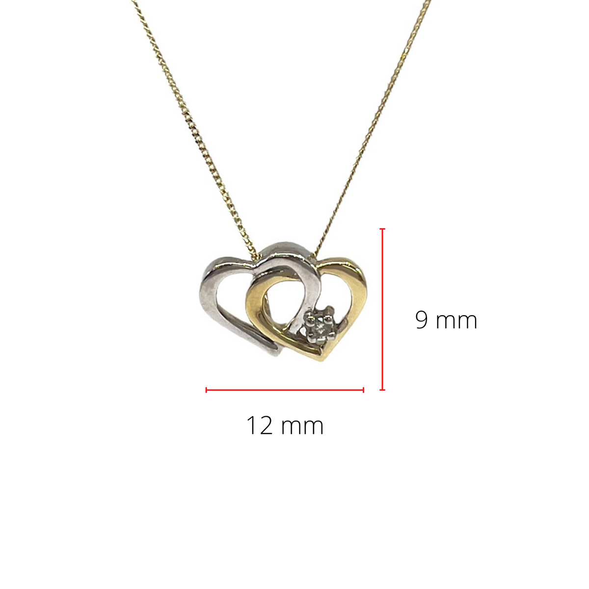 Colgante de doble corazón con diamantes de 0,01 quilates en oro blanco y amarillo de 10 quilates, 18&quot;