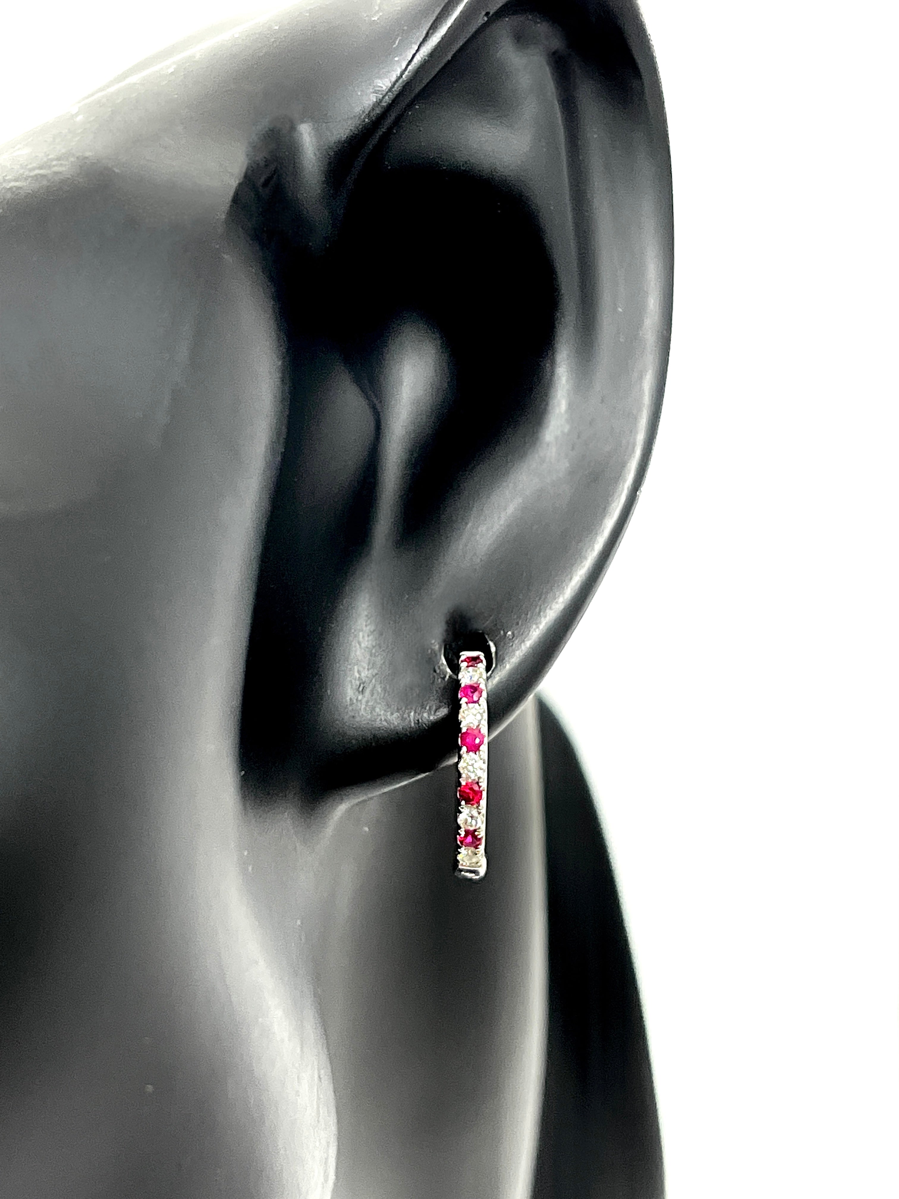 14K White Gold 0.39cttw Genuine Rubies and 0.25cttw Diamond Earrings - 15mm