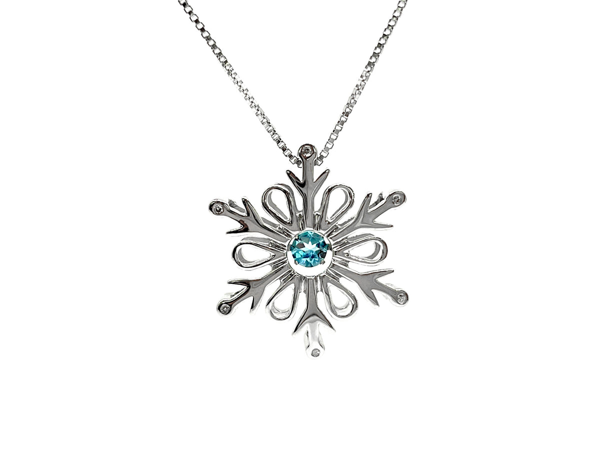 925 Sterling Silver 3.5mm Blue Topaz and 0.018cttw Diamond Snowflake Pulse Pendant - 18&quot;