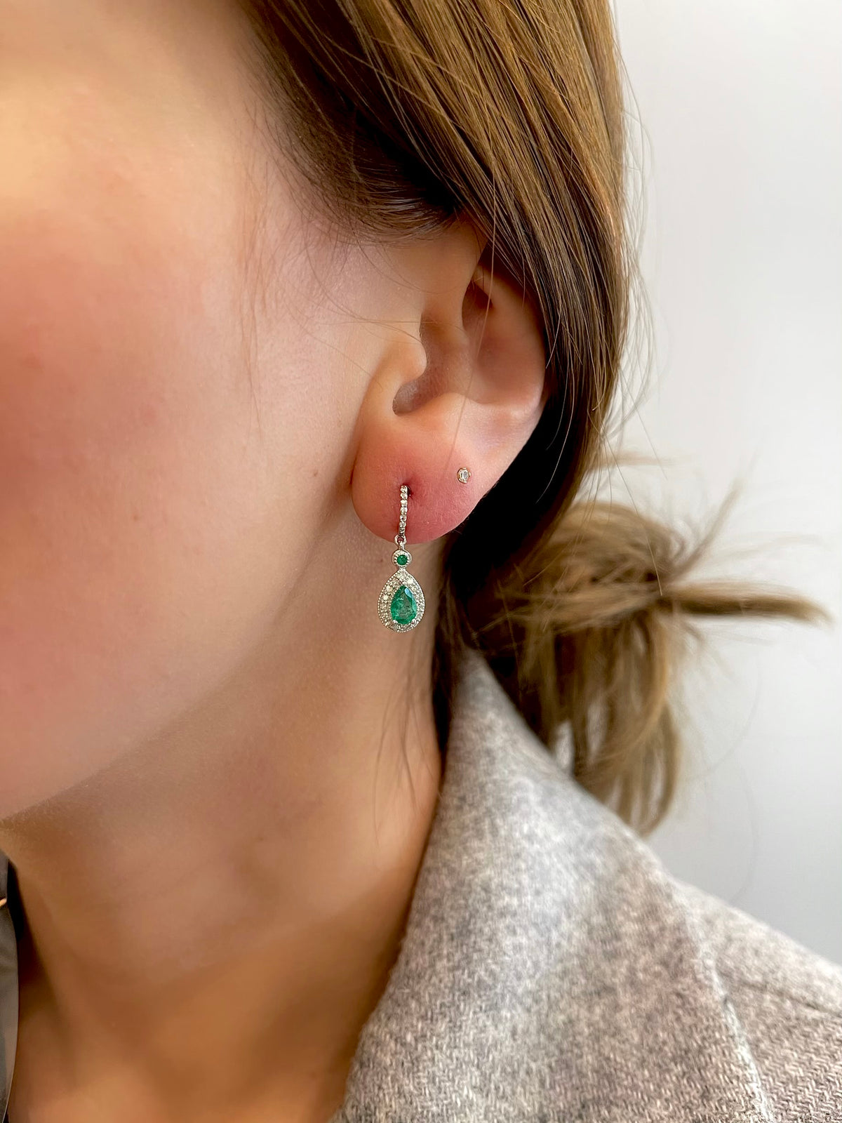 10K White Gold Genuine Emerald &amp; Diamond Earrings