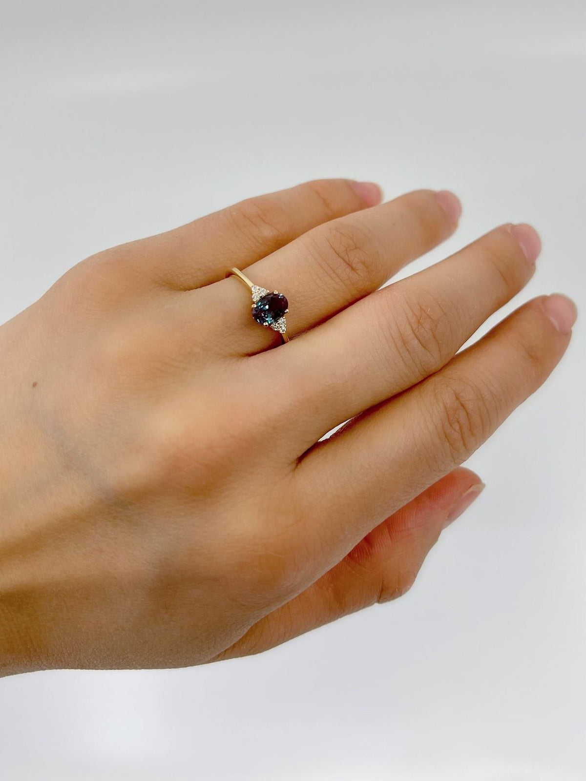 14K Yellow Gold Created Alexandrite and Diamond Ring