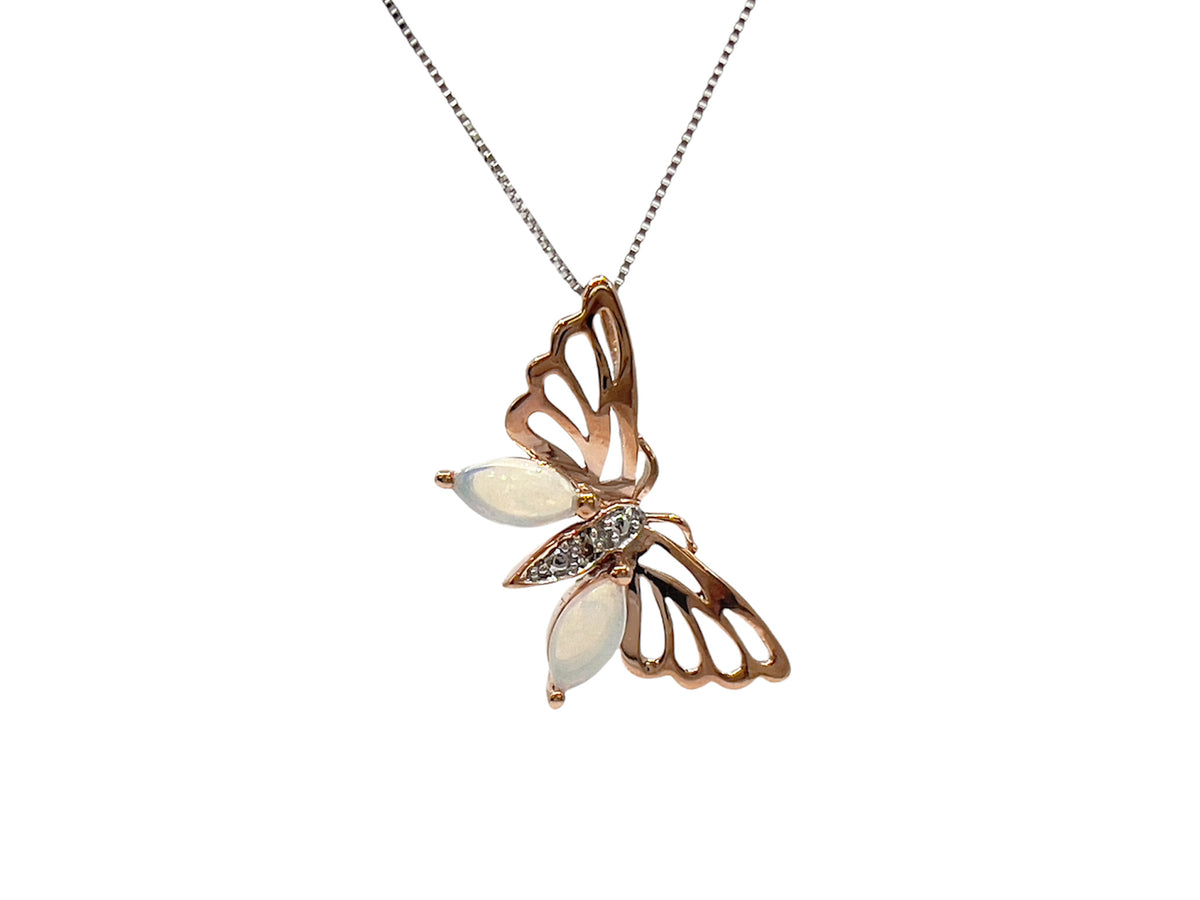 10K Rose and White Gold 0.32cttw Opal and 0.005cttw Diamond Butterfly Necklace - 18 Inches