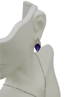 Pendientes de oro blanco de 10 quilates, 10 x 6 mm, amatista genuina y diamantes de 0,07 quilates