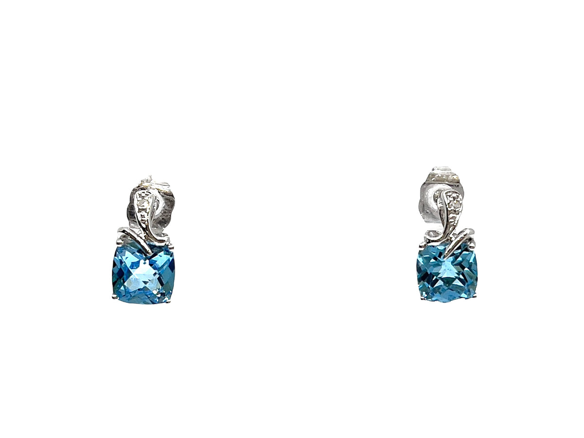 Pendientes colgantes de oro blanco de 10 quilates con topacio azul suizo y diamantes de 0,01 quilates