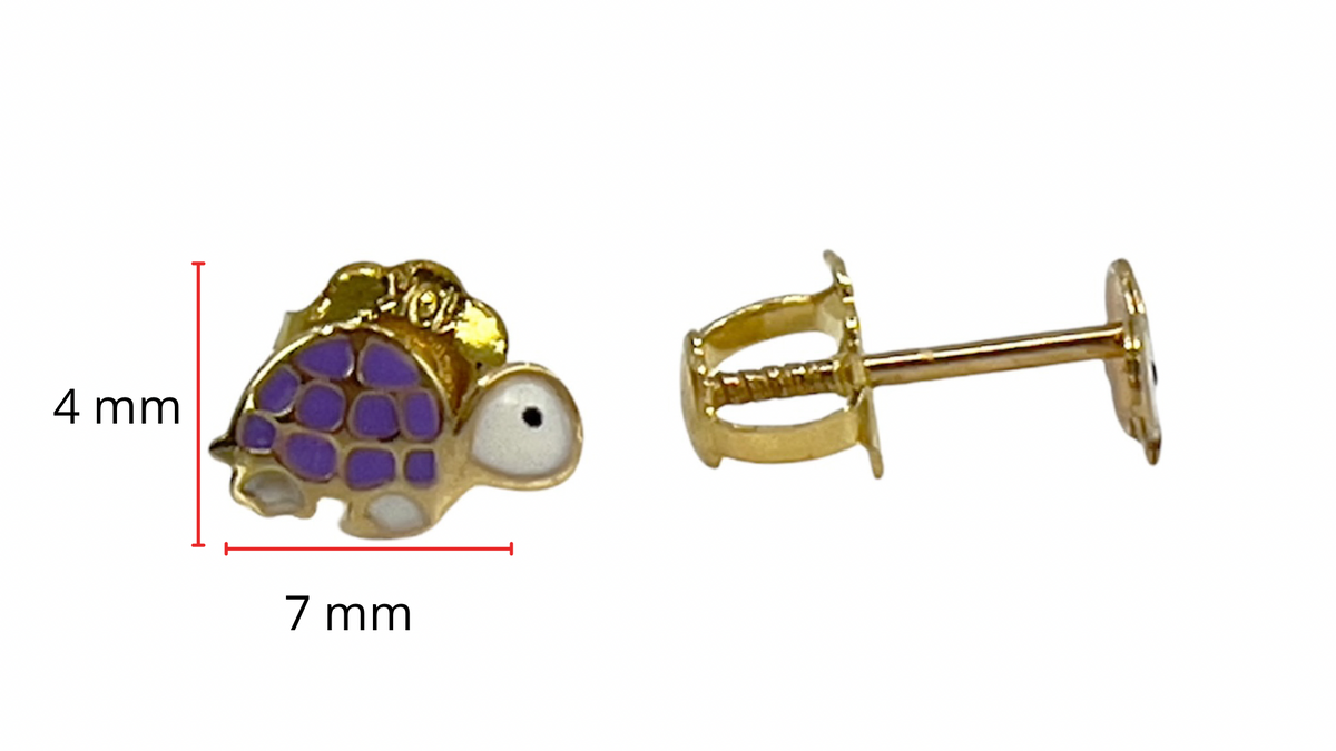 10K Yellow Gold Purple Enamel Turtle Earrings with Screw Backs - 4mm x 7mm