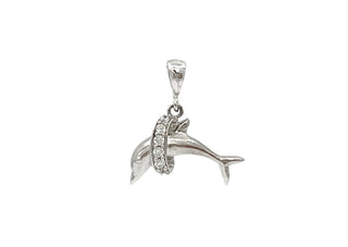 Dije de circonita cúbica con forma de delfín en oro blanco de 10 quilates, 19 mm x 16 mm