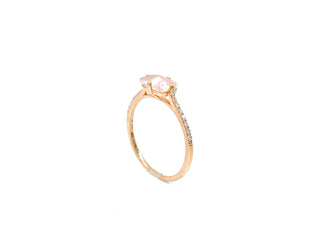 Anillo de oro rosa de 10 quilates, cuarzo rosa auténtico de 7 x 5 mm y diamante de 0,11 quilates, tamaño 6,5