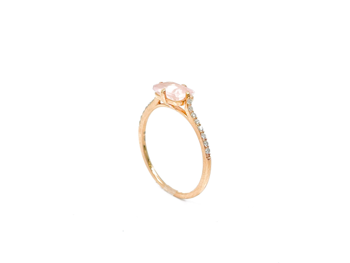 10K Rose Gold 7x5mm Genuine Pink Quartz and 0.11cttw Diamond Ring, size 6.5