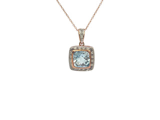 Colgante de oro rosa de 10 quilates con topacio azul de talla cojín de 8 mm y diamante de 0,063 quilates, 18"