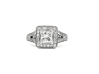 14K White Gold 1.27cttw Princess Cut Diamond Halo Engagement Ring, size 6