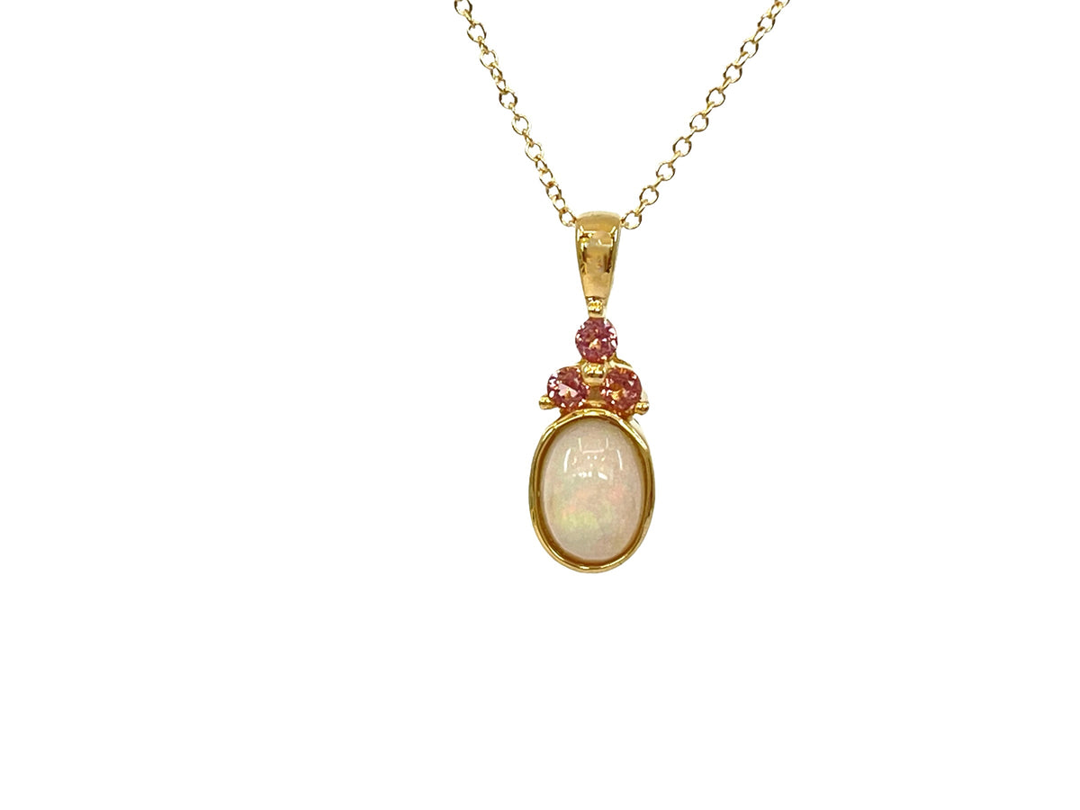 10K Yellow Gold 7x5mm Oval Cut Opal and Round Cut Pink Tourmaline Pendant - 18 Inches