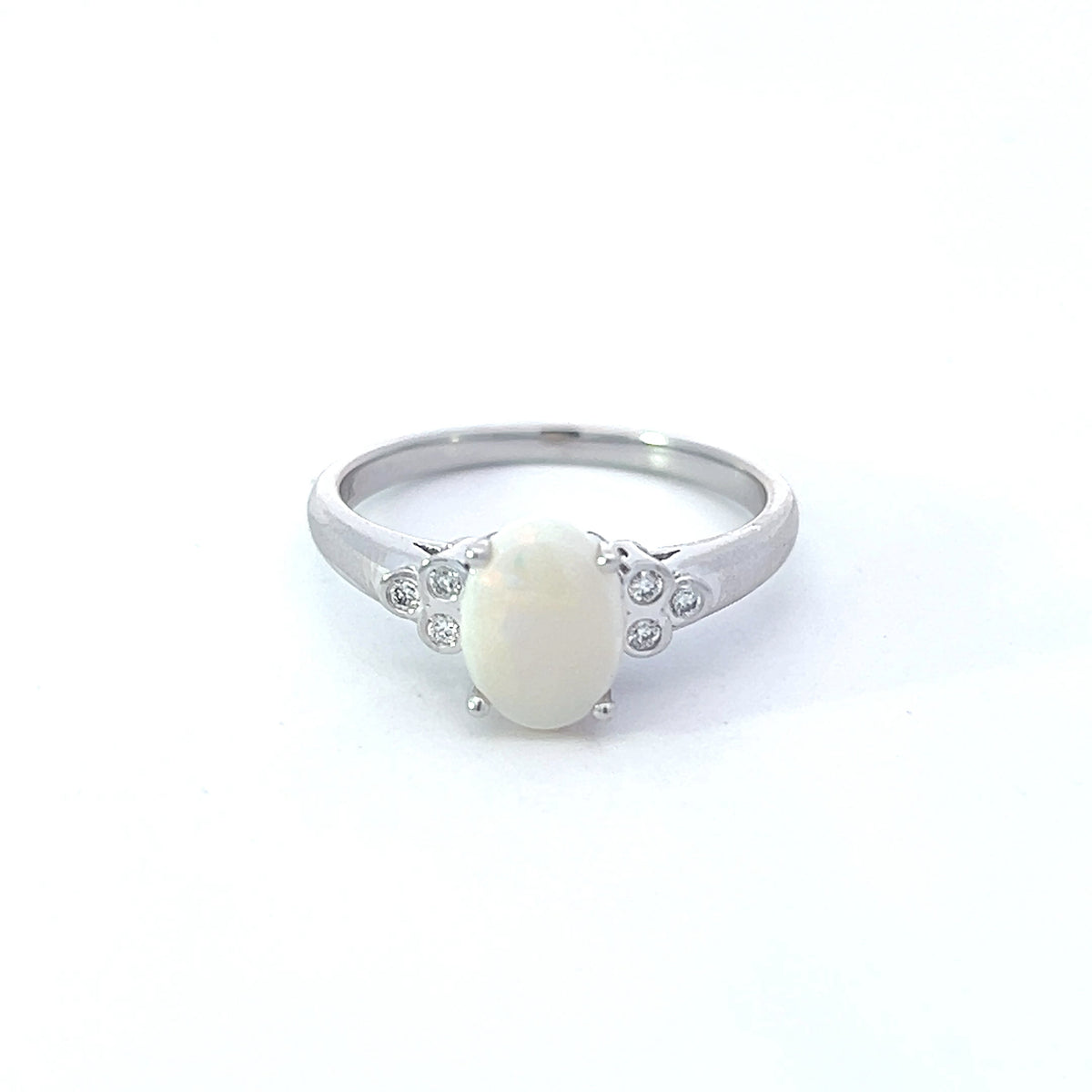 Anillo de oro blanco de 10 quilates con ópalo y diamantes, tamaño 6,5