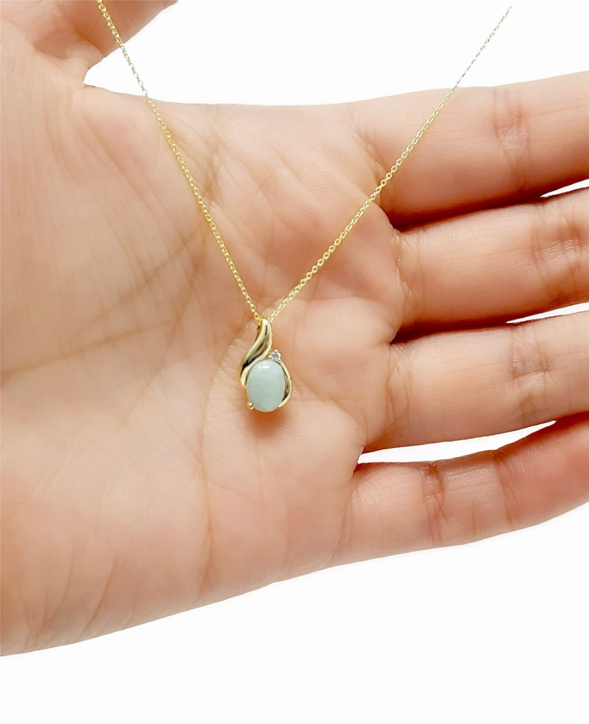 10K Yellow Gold Jade And Diamond Pendant - 18&quot;