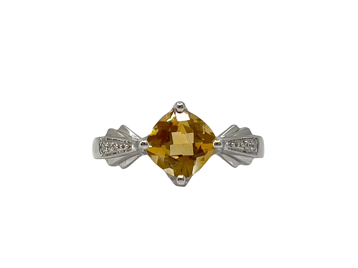 10K White Gold Citrine &amp; Diamond Ring- Size 6.5