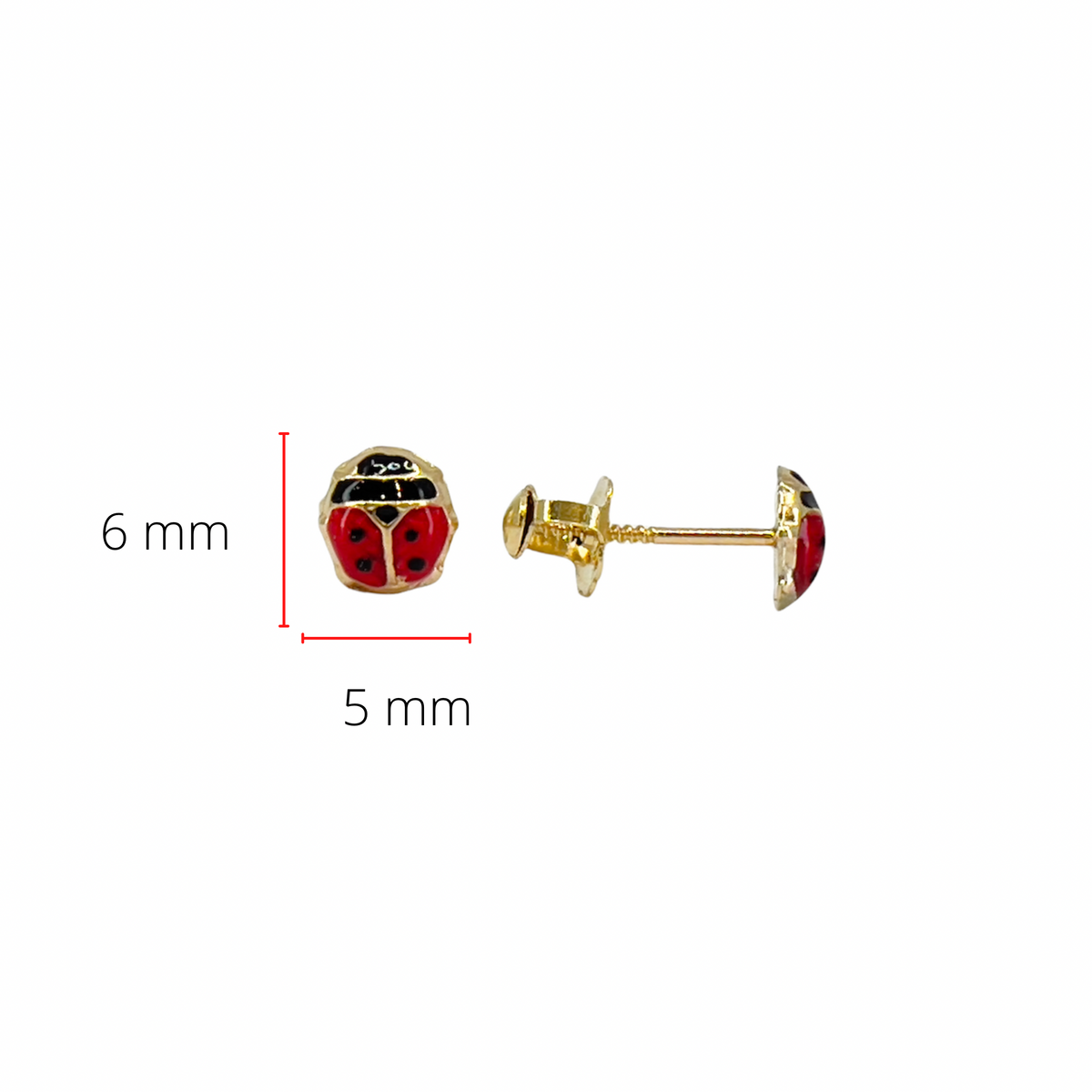 10K Yellow Gold 5mm x 5.3mm Enamel Coated Lady Bug Earrings with Screw Backs