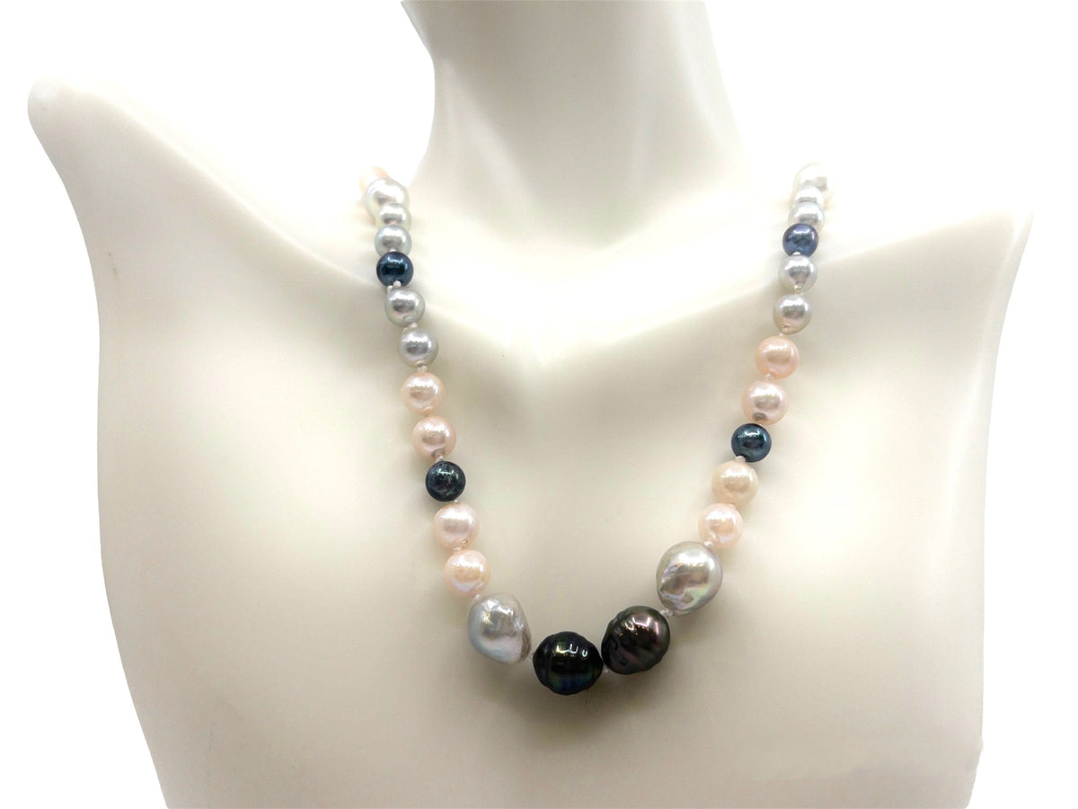 Black Tahitian, Cultured Black &amp; White Fancy Pearl Strand with 14K White Gold Pearl Clasp - 16&quot;