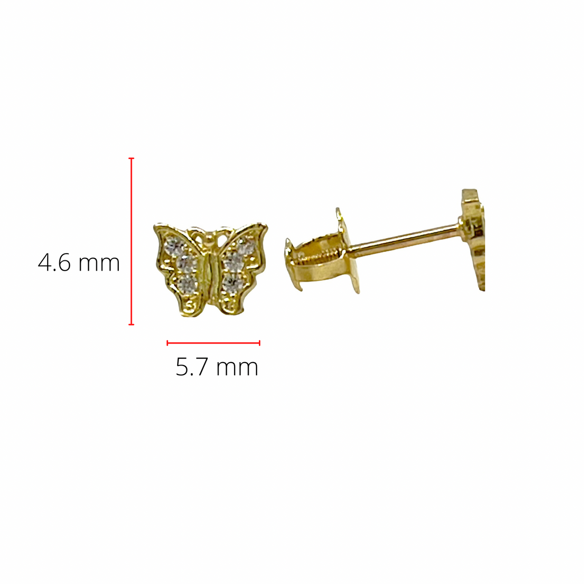 10K Yellow Gold Cubic Zirconia Butterfly Stud Earrings with Screw Backs - 4.6 x 5.6mm