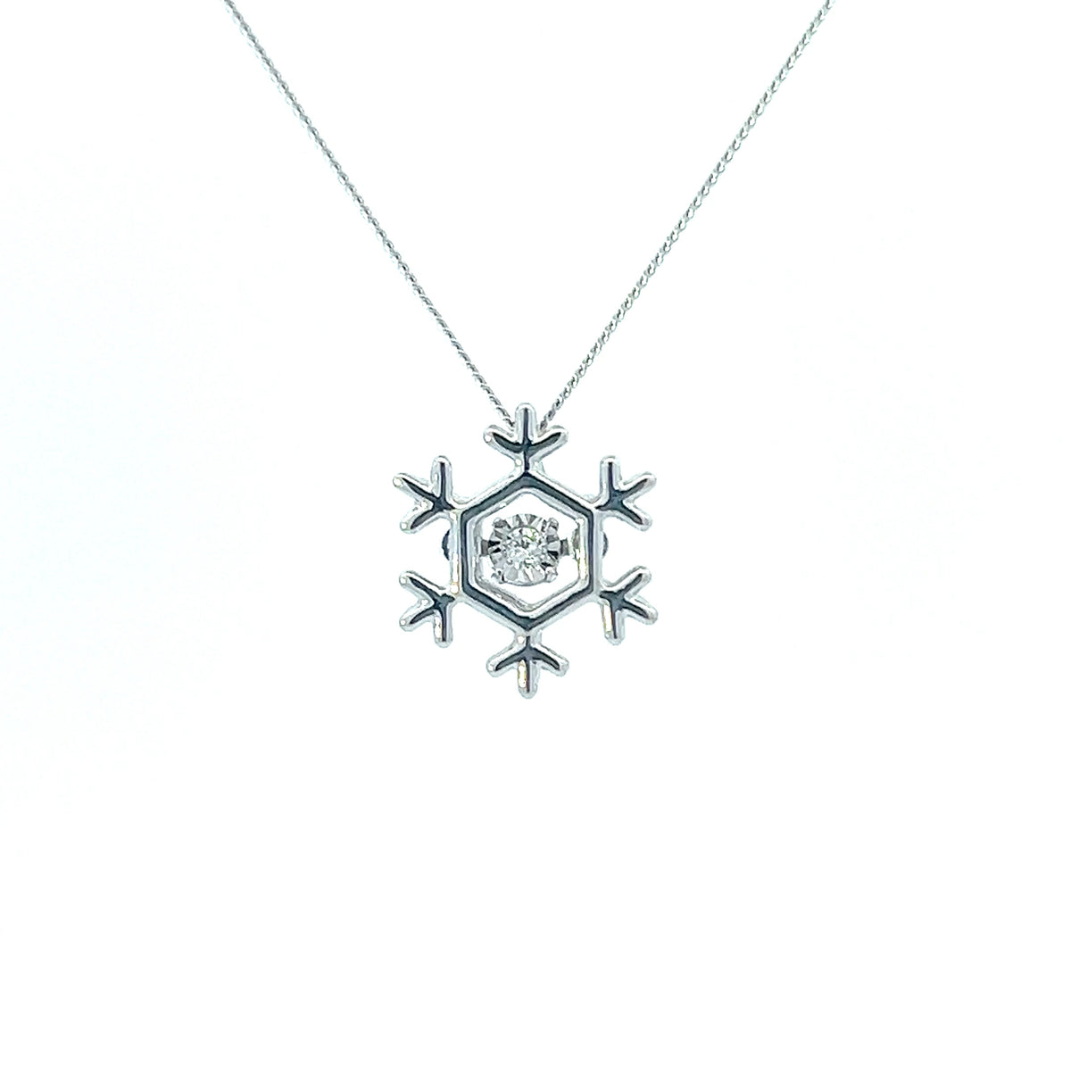10K White Gold 0.02 cttw Canadian Diamond Snowflake Pulse Pendant, 18&quot;