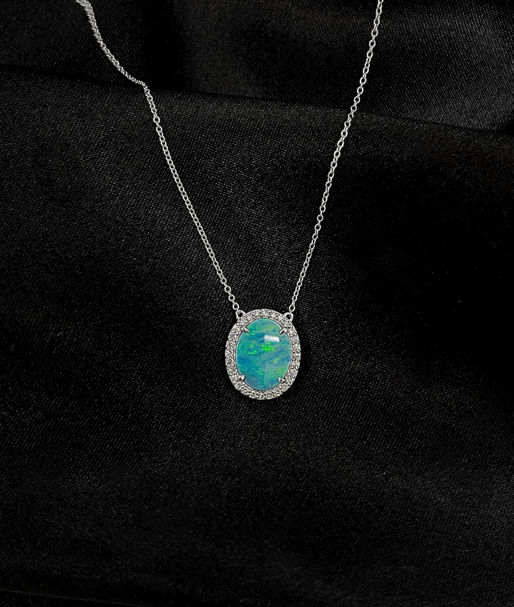 10K White Gold Custom Made Australian Opal Doublet and Diamond Pendant, 18"