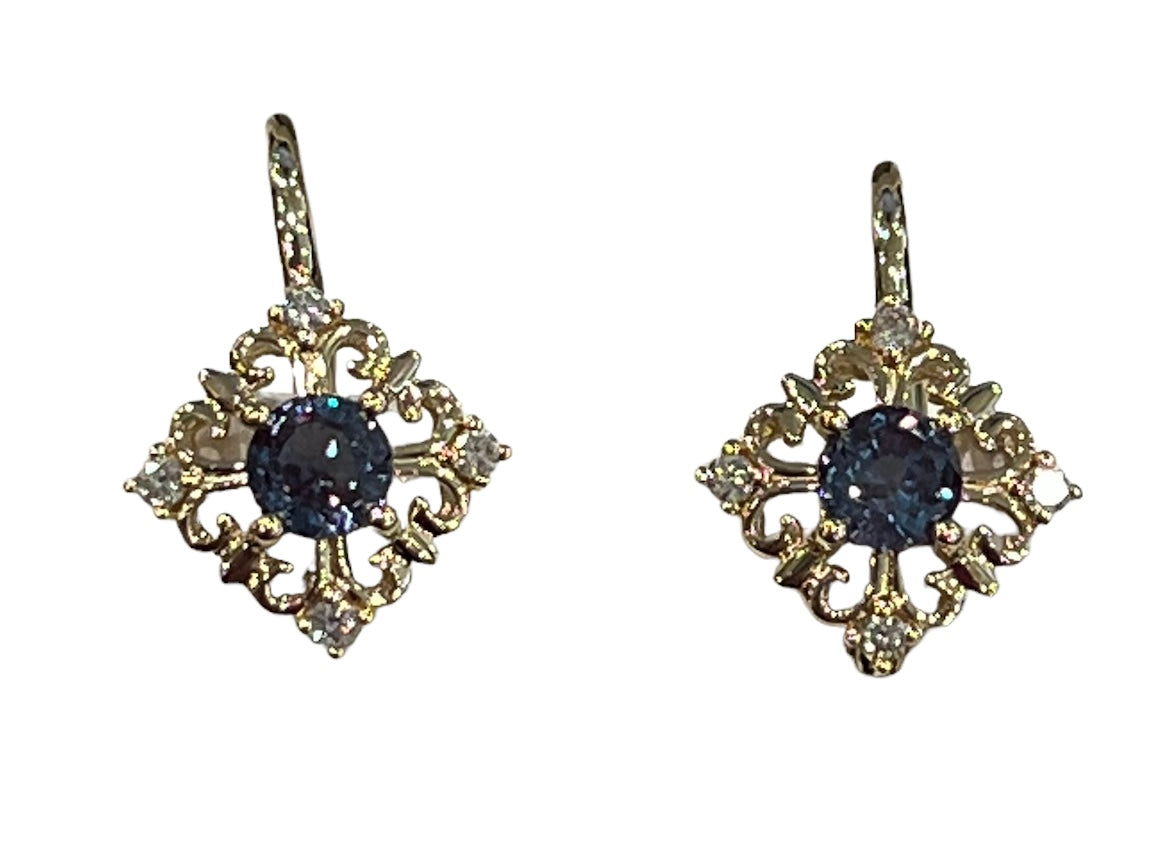 10K Yellow Gold 4mm Round Cut Created Alexandrite and 0.10cttw Diamond Dangle Earrings with Leverbacks