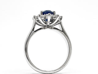 Anillo de oro blanco de 14 quilates con zafiro azul auténtico de 0,60 quilates y halo de diamantes de 0,40 quilates, talla 6