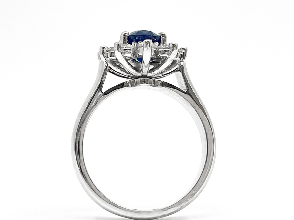 14K White Gold 0.60cttw Genuine Blue Sapphire and 0.40cttw Diamond Halo Ring, size 6