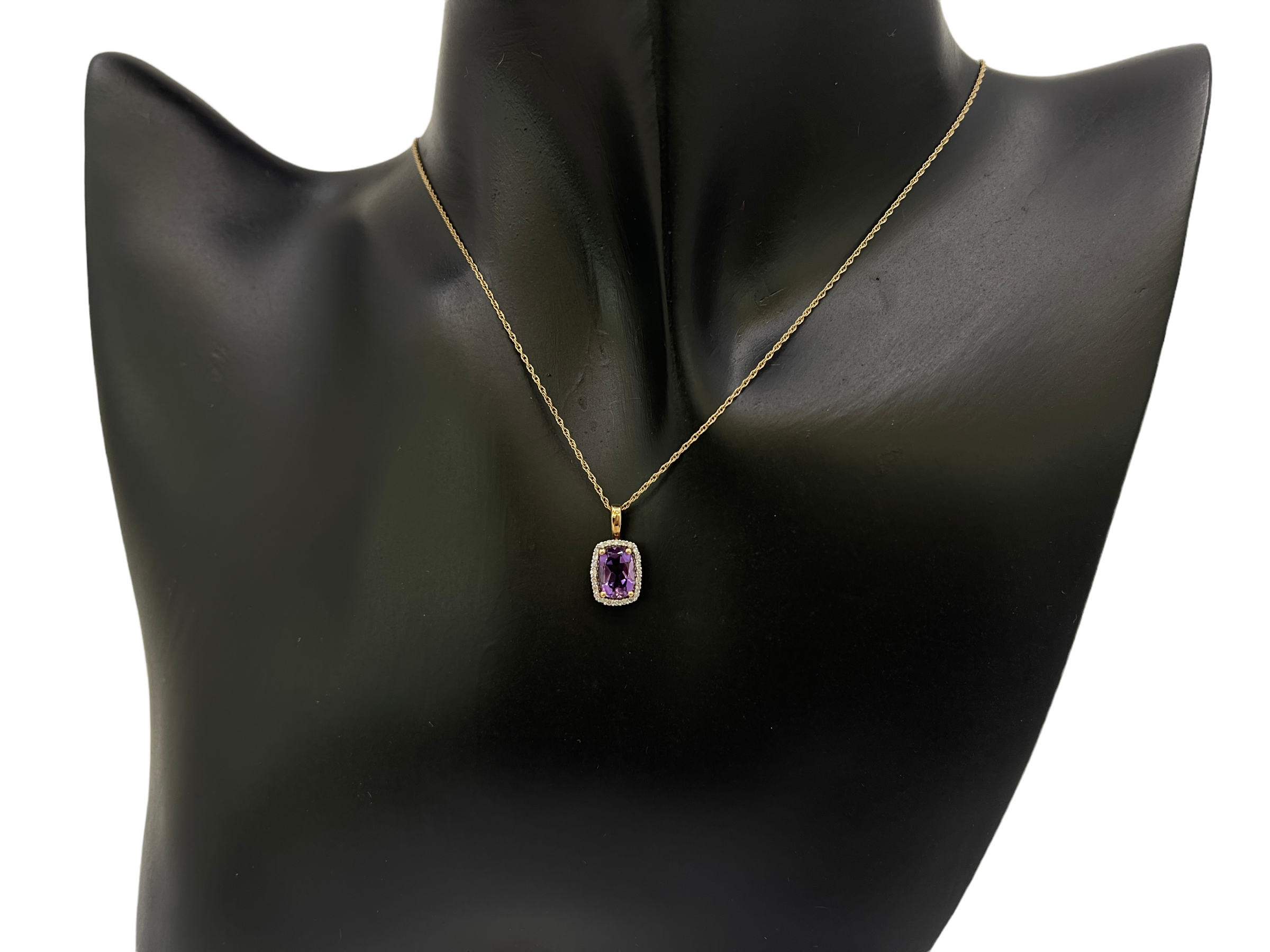 10K Yellow Gold Amethyst and Diamond Pendant, 18"