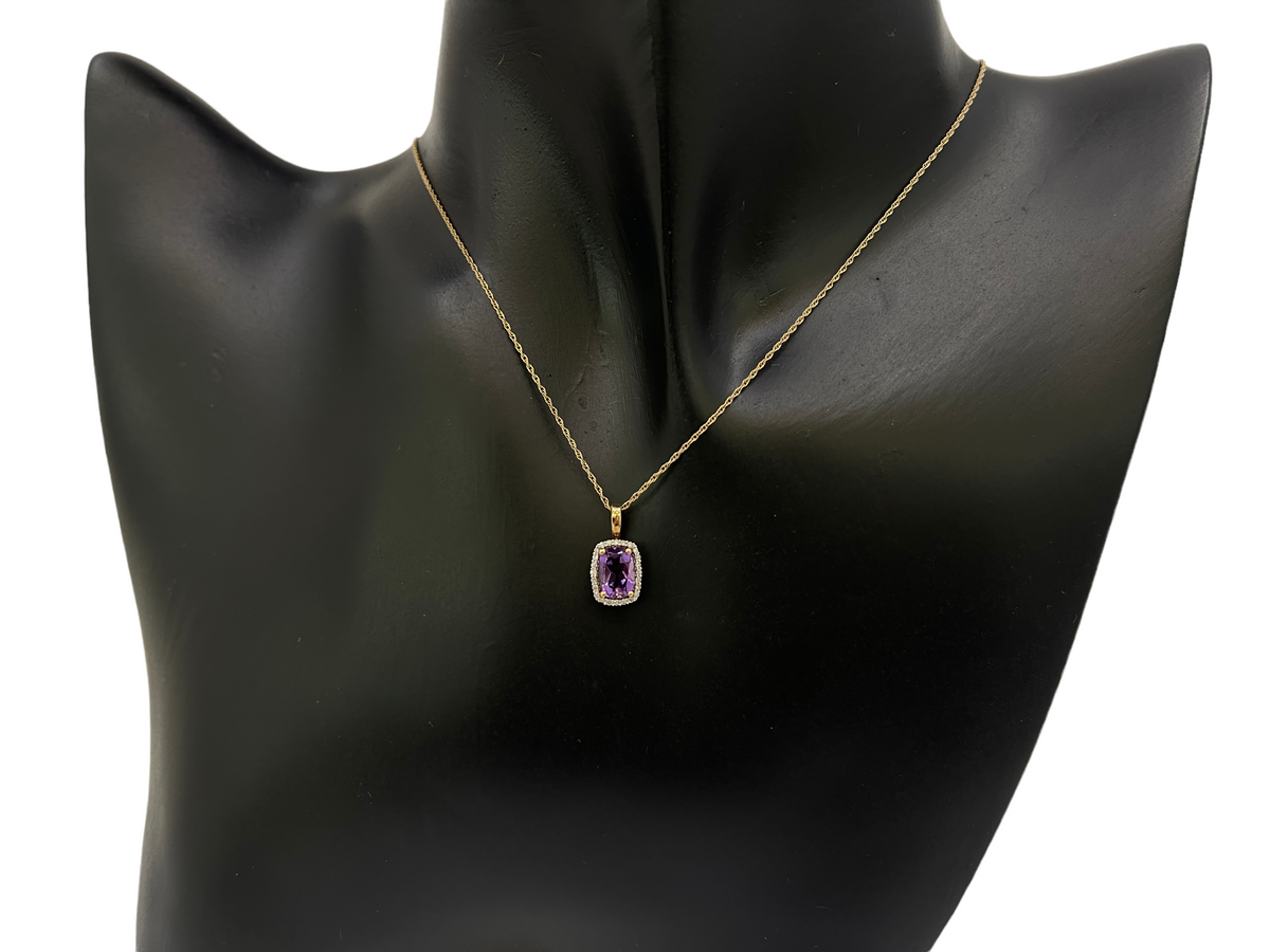 10K Yellow Gold Amethyst and Diamond Pendant, 18&quot;