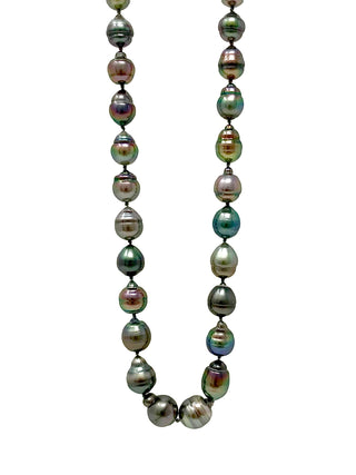 Hilo de perlas de Tahití multicolores de oro amarillo de 14 quilates, 10-12,7 mm, 18"